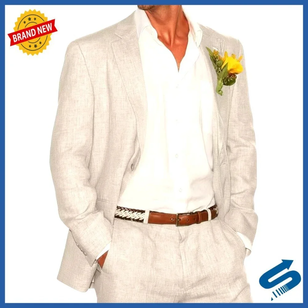 Slim Fit Linen Suit Blazer Pants Set for Wedding Business Summer